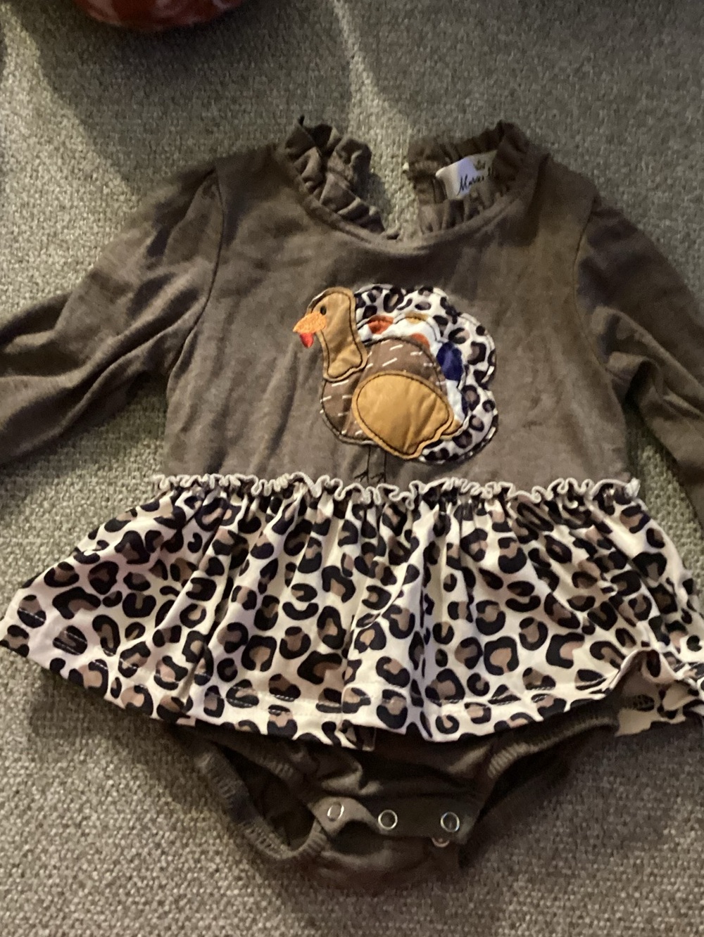 Baby Brown Long-Sleeve Bodysuit Dress with Leopard Ruffle and Turkey Applique